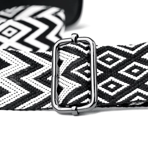 Adjustable 38mm black and white ethnic geometric shoulder strap with black metal buckle