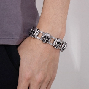 Punk style stainless steel skull bracelet for men featuring gothic silver motor biker design