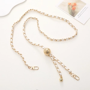 Detail of gold metal phone chain with white leather weave and adjustable gold ball slider