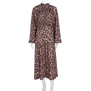 Detailed view of leopard print maxi dress with high neck and cinched waist design