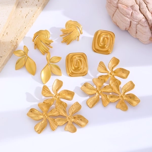 Set of 6 pairs gold-plated stainless steel earrings with leaf and floral designs
