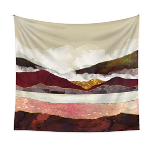 Detail of modern abstract landscape tapestry with gold leaf lines and mountain peaks