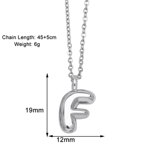 Detail view of silver letter F pendant necklace with 19mm height and 45cm chain length