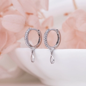 Silver S925 earrings with diamond-encrusted hoops and elegant waterdrop stone pendants
