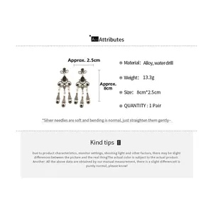 Size chart showing 8cm long vintage drop earrings with crystals and leaf tassels
