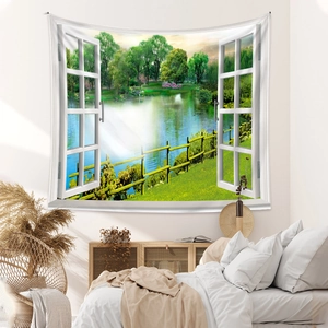 Detail of 3D window view tapestry showing green forest and lake in a cozy bedroom setup