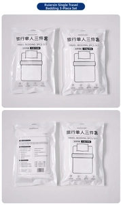 Detail of disposable bedding set packaging showing hygienic thick non-woven fabric travel kit