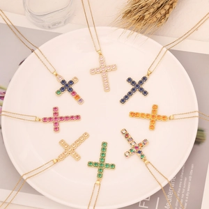 Fashion Cross Pendant Necklace Copper With Multi Color Zircon Inlaid INS Style Clavicle Chain For Women