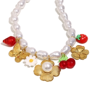 Baroque pearl necklace with 18K gold plated butterfly, flower and fruit charms