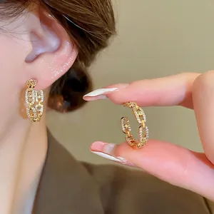 Gold plated C-shape chain earrings with sparkling cubic zirconia for women