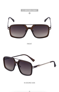 Detail view of brown square sunglasses showing front and side metal temple design