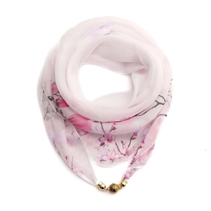 Floral print white chiffon scarf with a premium golden magnetic metal bead buckle