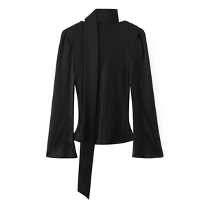 Women Satin Blouse Shirt Elegant Tie Neck Long Bell Sleeve Solid Black Polyester Tops Casual Fashion