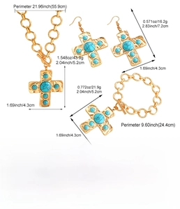 Detailed technical diagram showing sizes and weights of the turquoise cross jewelry set