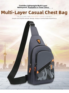 Detail of dark grey chest bag with camo print, orange zipper cords and multi-pocket layout