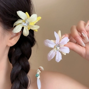 Dettaglio ravvicinato di fermagli per capelli a fiori in tessuto su una treccia chic