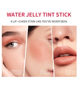 Close-up showing peach water jelly tint stick applied on eyes, face and lips