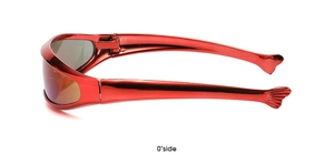 Side view detail of futuristic red Y2K sports sunglasses with anti-slip temple tips