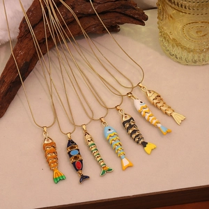 Titanium steel koi fish pendant necklaces with colorful enamel on golden snake chains