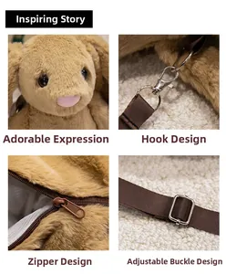 Detail of plush rabbit backpack showing zipper, metal hook, and adjustable strap features