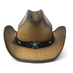 Brown gradient straw cowboy hat with black leather star band and blue turquoise accent