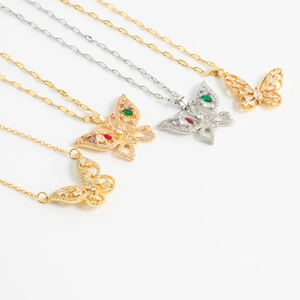 Elegant gold and silver butterfly pendant necklace with colorful sparkling zircon stones