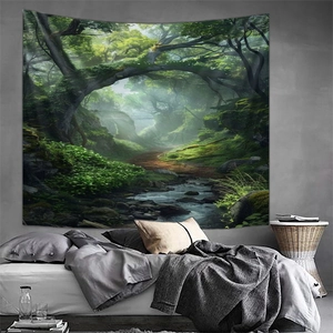 Dreamy forest landscape wall tapestry with stream and green trees for bedroom decor