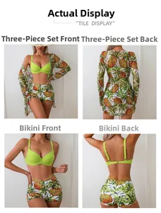 Three-piece bikini set with neon green top, pineapple print bottom and long sleeve cover-up