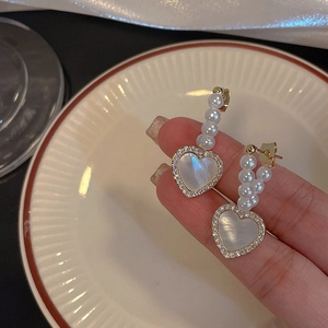 Elegant gold plated heart shell drop earrings with white pearls and sparkling zircons
