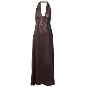 Detail of lace floral embroidery and silk-like fabric texture on halter dress