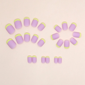 Short square matte nails in mauve with neon yellow French tips, set of 22 pieces