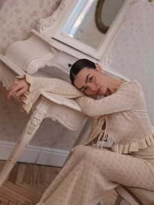 Elegant beige hollow knit cardigan and high waist wide leg trousers two-piece set