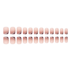 Pink and brown gradient press-on nails with diagonal lines in a 24-piece full set