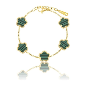 Detail of gold stainless steel bracelet featuring malachite pattern clovers and lobster clasp