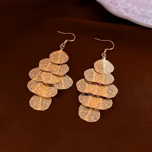 Elegant gold layered leaf tassel earrings with hollow design and hook for women