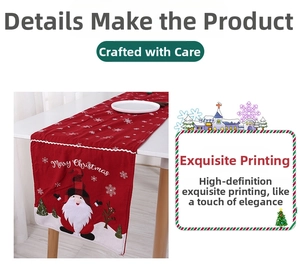 Close-up of red knitted Christmas table runner with gnome applique and festive embroidery