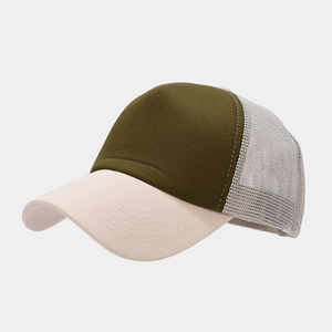Detail of olive and beige trucker hat featuring breathable white mesh and clean seams