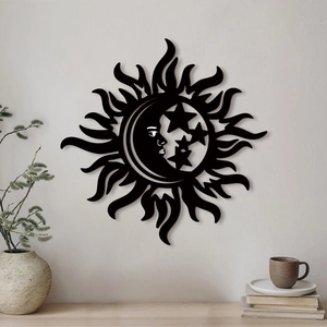 Sun Moon Star Wooden Wall Decor Bohemian Hollow Out Celestial Hanging Art Sculpture Black For Living Room Bedroom