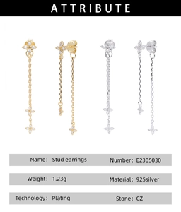 Detail view of S925 sterling silver flower earrings with CZ stones and technical specs
