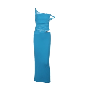 Blue one-shoulder long dress with mesh patchwork and ruched design on white background