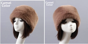 Close-up of camel faux fur winter hat texture and plush warmth design for women