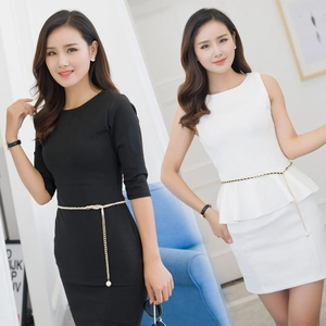 Elegant gold metal waist chain for women with pearl pendants on black and white dresses