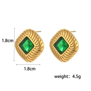 Retro 18K gold plated stainless steel square earrings with a green zircon stone inlay