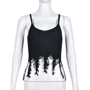 Detail showing black knitted camisole with bold ripped tassel hem on white mannequin