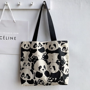 Cute Panda Print Canvas Tote Bag Large Capacity Women Shoulder Handbag Thickened Cloth Casual Travel Shopping Bag