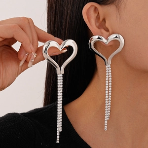 Chic oversized silver heart drop earrings with sparkling rhinestone tassels for women
