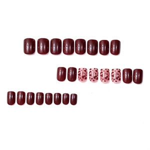 Short square burgundy wine red and leopard print glossy press-on nail kit set for women