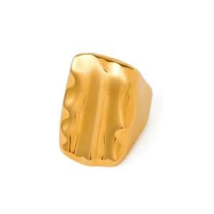 18k gold plated stainless steel wide ring featuring a unique molten wave texture design