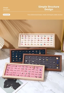 Macro detail of walnut wood jewelry display trays with various colored velvet linings