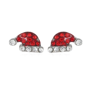Detail of red rhinestone Christmas hat stud earrings with sparkling silver base